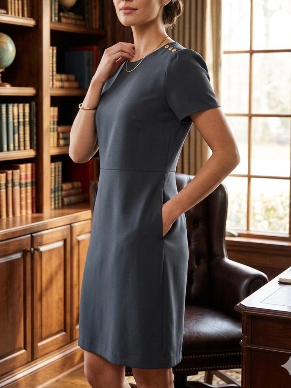 LOFT Classic Short-Sleeve Sheath Dress in Steel Gray